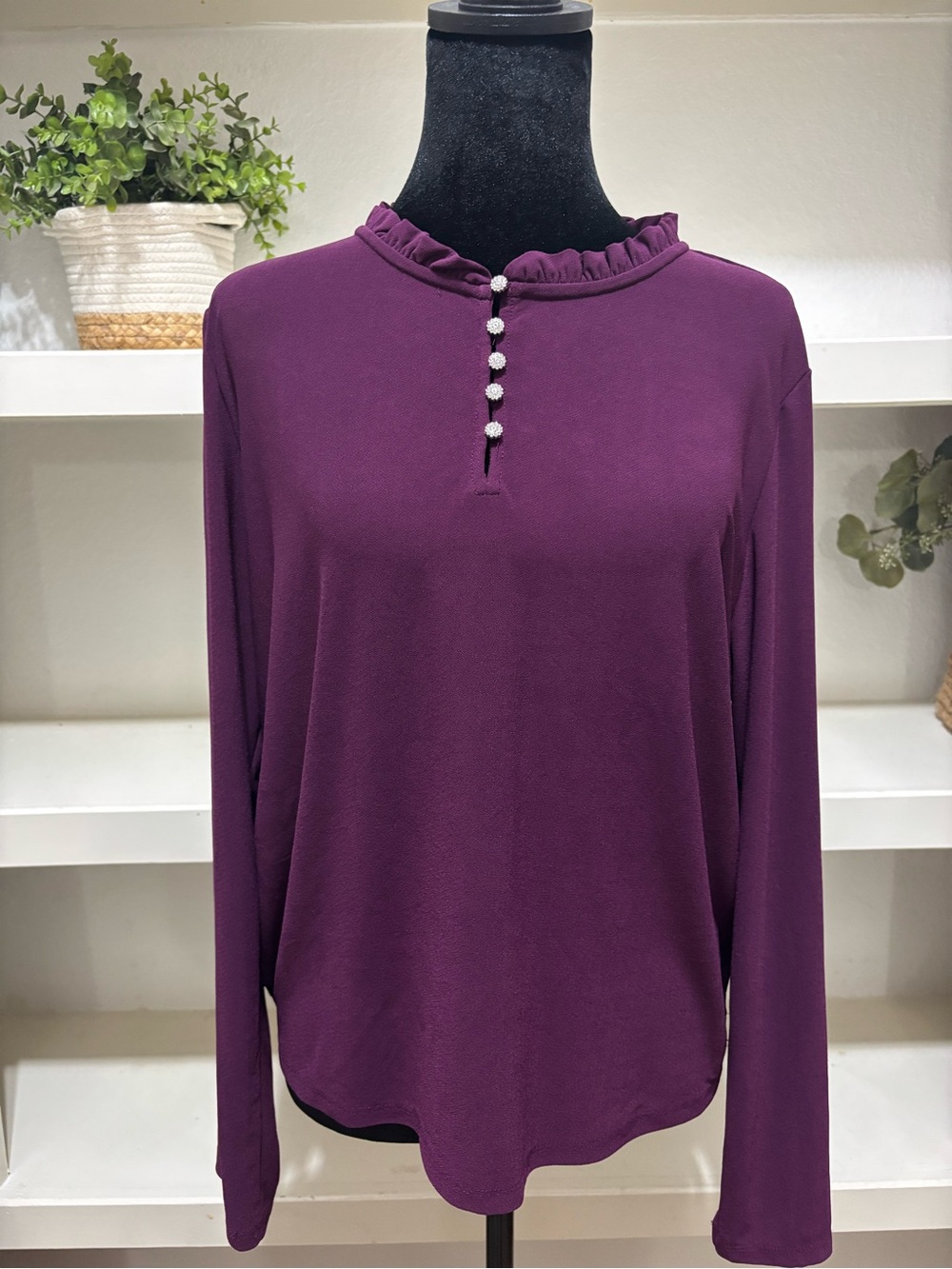 CeCe Purple Ruffled Neck Long-Sleeve Top with Pearl Buttons